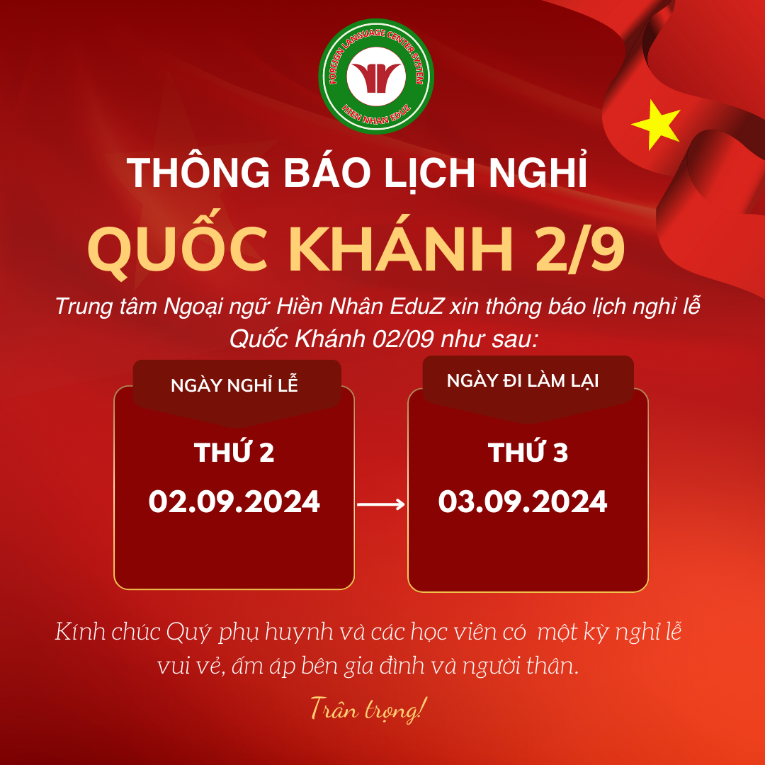 Thông báo nghỉ lễ Quốc Khánh 02/09